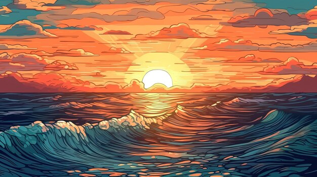 Serene zonsondergang over een kalme oceaan Fantasie concept Illustratie schilderij