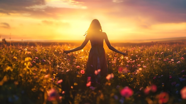 Foto serene zonsondergang silhouette vrouw te midden van bloeiende wilde bloemen