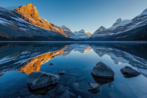 Foto serene zonsopgang bij bergmeer met besneeuwde pieken reflectie