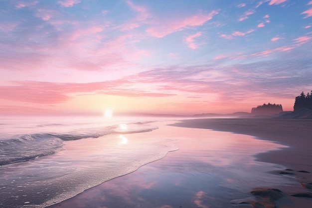 Serene zonsopgang over een mistig strand met zachte Generative ai