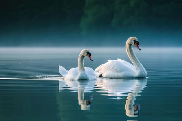 Serene zwanen glijden sierlijk over een rustig meer hun sierlijke bewegingen en reflectie op het stilstaande water creëren een scène van serene schoonheid