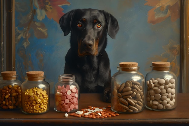 Foto serene zwarte hond achter potten met lekkernijen klassieke stijl perfect voor muurkunst en decoratie ai