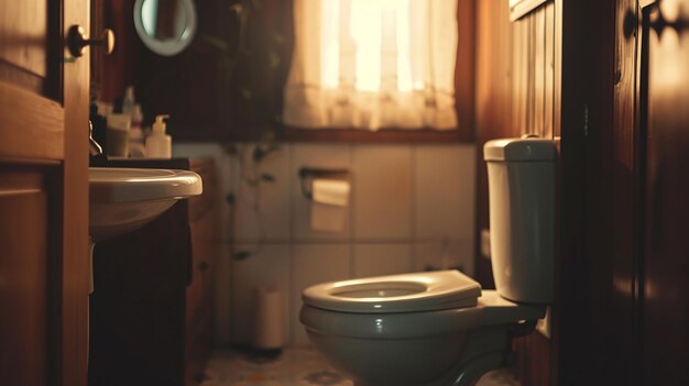 Photo serenely minimal closeup of toilet in bathroom with cozy minimal decor aspect ratio 169