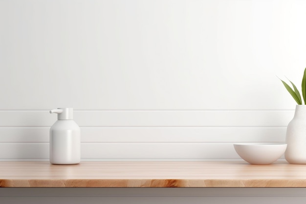 Serenely White Bathroom Interior Empty Wooden Tabletop Generative AI