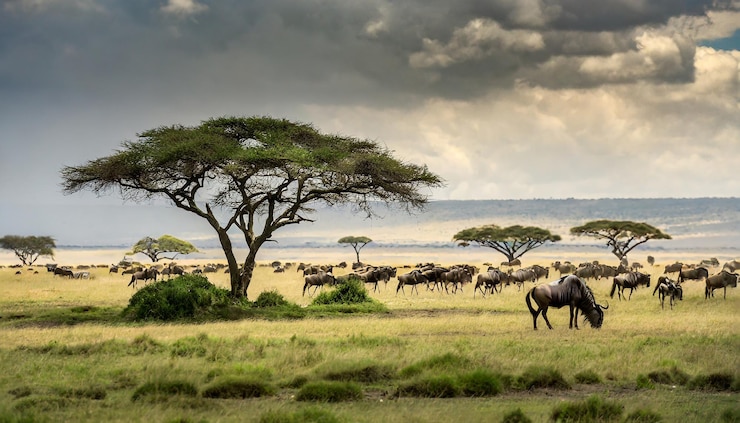 Photo serengeti plains dotted with acacia trees and migrating wildebeest