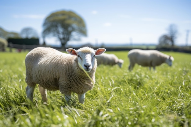 Sereniteit in de natuur Schapen grazen op een zonnige weide en creëren een schilderachtig gezicht