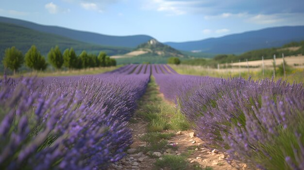 Sereniteit in de natuur uitgestrekte lavendelvelden met een berg achtergrond een vreedzame landelijke scène AI