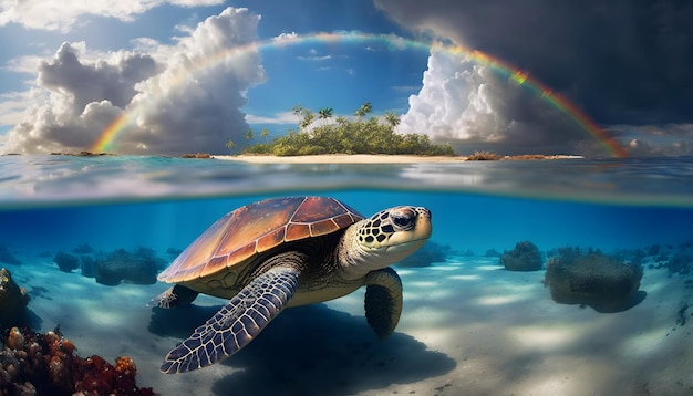 Sereniteit op het strand, kleurrijke schildpad met een regenboog