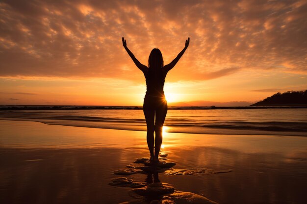 Sereniteit op het zand Boeiende Indonesische vrouw vindt zegen bij zonsondergang yoga