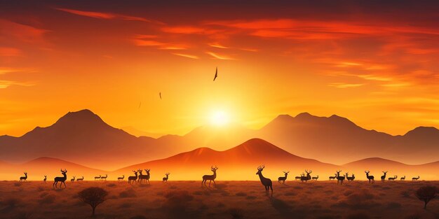 Serenity in the african savanna majestic sunset over mountains and antelopes oryx in pristine wilde