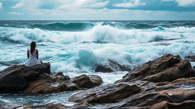 폭풍 속 의 평온성 매혹적 인 푸른 파도 바위 만남 과 우나와투나 의 깨 ⁇  한 물