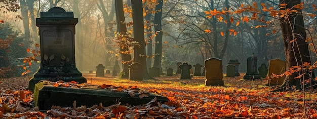 Serenity Amongst the Leaves Peaceful Graveyard with Ancient Tombstones Set in an Autumnal Landscape