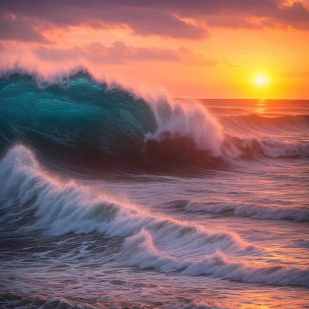 Serenity bij zonsondergang Oceaan golven crashen op de kust AI gegenereerd