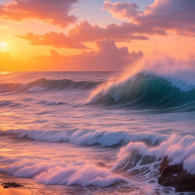 Serenity bij zonsondergang Oceaan golven crashen op de kust AI gegenereerd