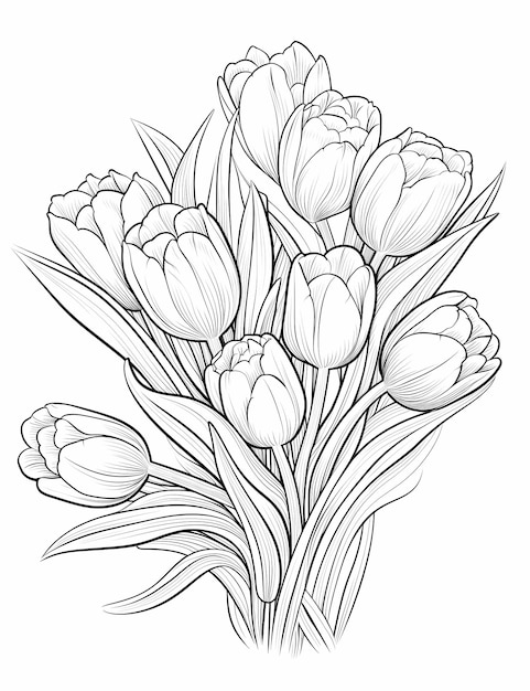 Serenity in Blooms Coloring Page for Adults featuring a Cartoon Tulip Bouquet