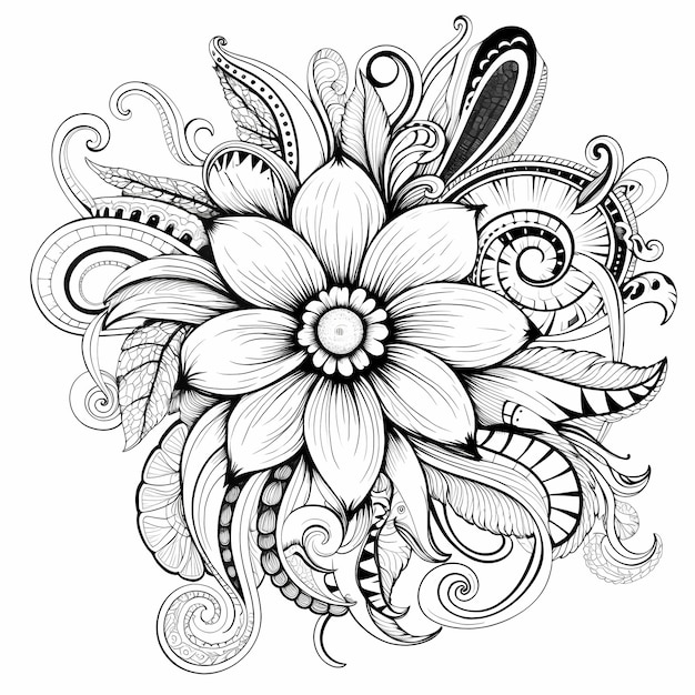 Serenity Blooms 抽象的な黒と白の花で簡単に描くカラーページ