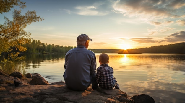 Serenity by the Lakeside Father and Son Sharing a Peaceful Moment at Sunset Generative ai