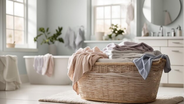 Photo serenity in cleanliness a basket of fresh laundry amidst tranquil ambiance