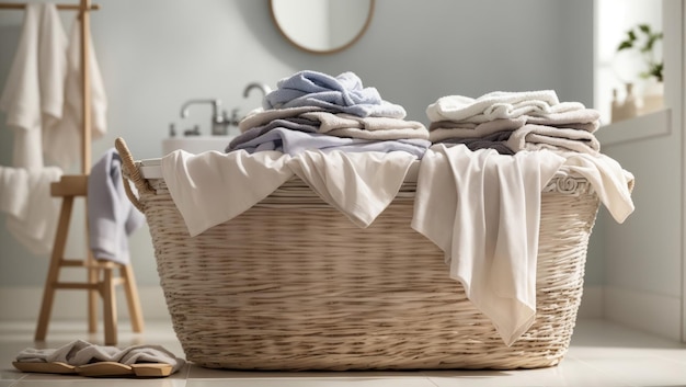 Photo serenity in cleanliness a basket of fresh laundry amidst tranquil ambiance