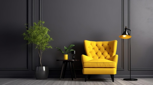 Безмятежность в контрасте Желтое кресло добавляет ярких красок в современную комнату с черной стеной и деревом
