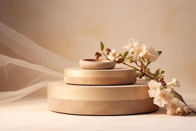 Serenity on Display A Minimalist Showcase with Stone Platform Wood Ring and Flower Bouquet on Bei