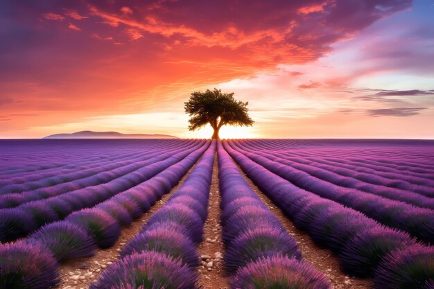 Serenity at Dusk Captivating Lonely Tree Amidst a Lavender Field in Valensole Provence France