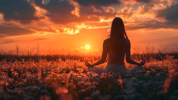 Photo serenity at dusk meditation amidst wildflowers concept nature photography sunset meditation peaceful surroundings mindfulness practices