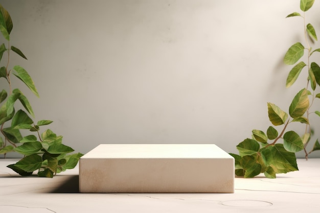 Serenity and Elegance Front View of Stone Podium Mockup Adorned with Lush Green Leaves on Beige Ba