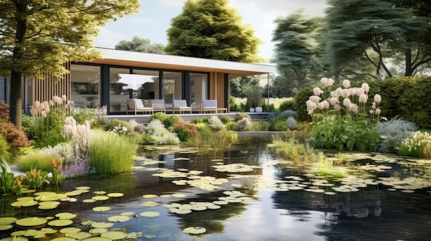 Foto serenità incarnata in un'illustrazione un palazzo moderno un giardino lussureggiante e alberi in piedi