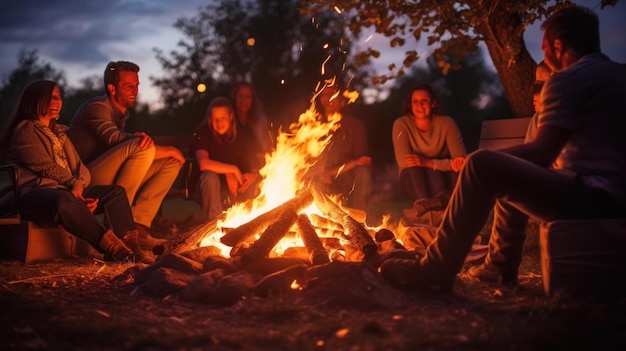 serenity of a family gathering around a spring bonfire