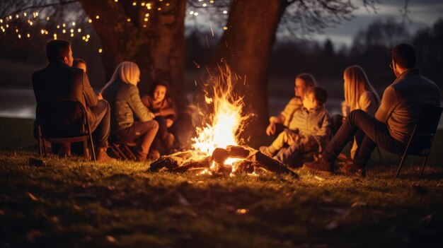 serenity of a family gathering around a spring bonfire