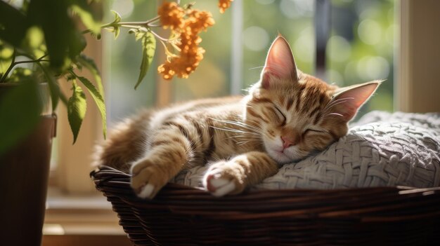 Serenity at Home Cat Rests in a Cozy Basket on the Sunlit Windowsill