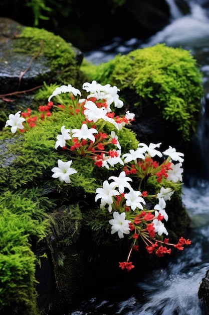 Фото Спокойствие в цветении зеленый мох и цветы генеративный ии