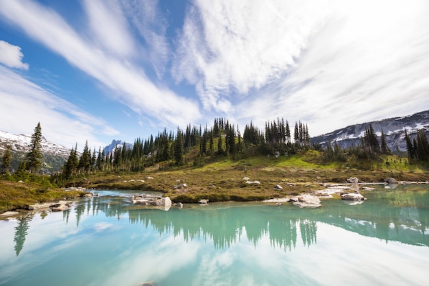 Serenity lake in the mountains in summer season. Beautiful natural landscapes.