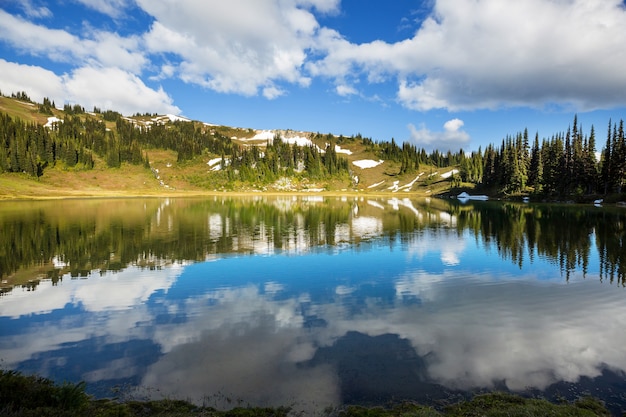 Serenity lake in the mountains in summer season. Beautiful natural landscapes.