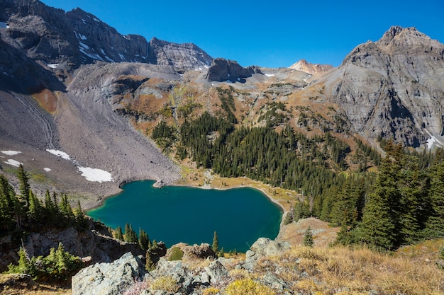 Serenity lake in the mountains in summer season. Beautiful natural landscapes.