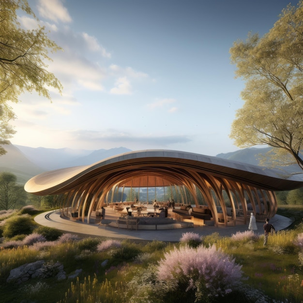 Photo serenity in motion crafting a central bereavement pavilion with a majestic timber roof and enchanti