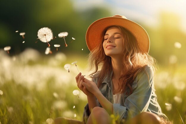 Спокойствие в природе Красивая молодая женщина сидит в зеленом поле