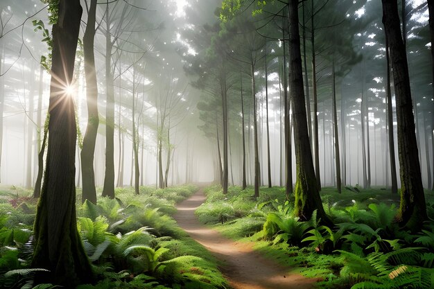 Serenity in Nature Capture the tranquil beauty of a misty morning in a lush forest