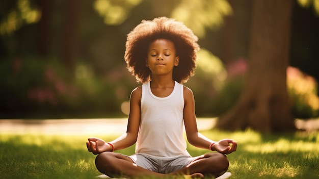 Serenity in the Park African American Little Girl finds Inner Peace through Yoga Meditation