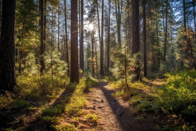 Serenity path surrounded by towering trees in a dense forest Generative AI