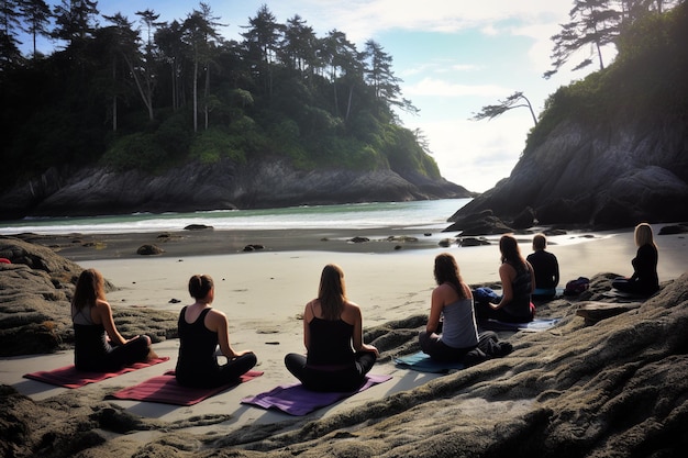 Serenity in rear view yoga at a secluded beach cove Connection with nature concept Generative AI