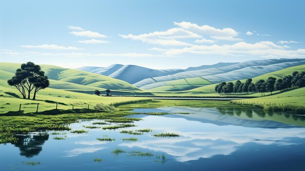 Photo the serenity of a reflective lake nestled between rolling hills