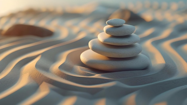 Serenity in sands zen stones stacked on ripples of desert dunes perfect for calmness and meditation themes AI