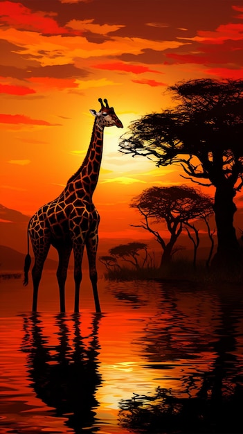 Serenity in savannah giraffe silhouette graces african sunset majestic freedom vertical mobile wall