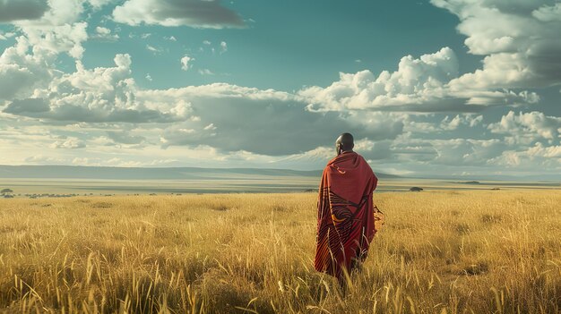 Photo serenity in the savannah lone maasai overlooking the plains