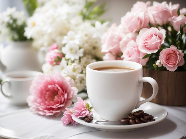 Serenity in Simplicity Coffee and Bouquet on the Table Stock Photo