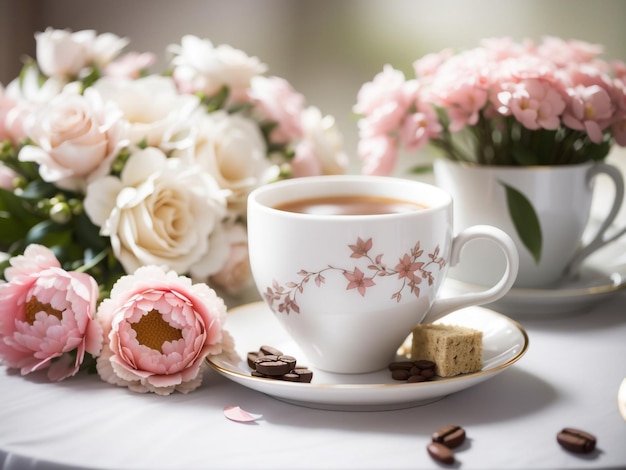 Serenity in Simplicity Coffee and Bouquet on the Table Stock Photo