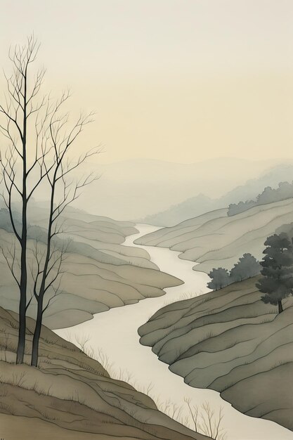 Serenity in Simplicity Watercolor Landscape of a Peaceful River Valley