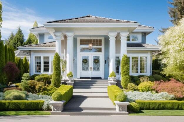 Photo serenity in the sky captivating home exterior gleaming under a sunkissed blue sky